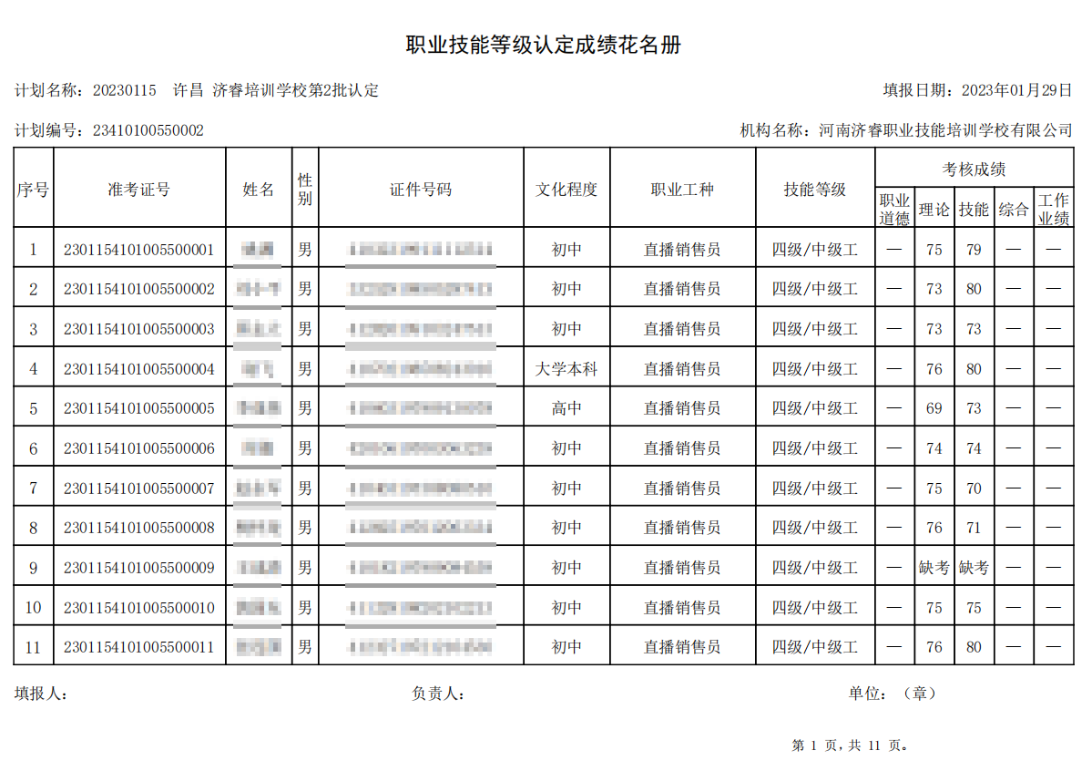 济睿职业技能培训学校-第2批职业技能等级认定考试成绩公示