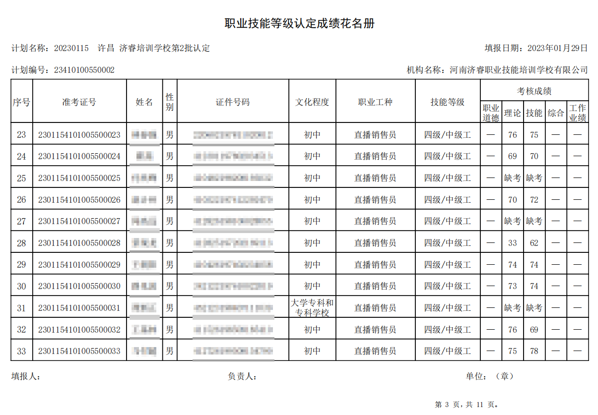 济睿职业技能培训学校-第2批职业技能等级认定考试成绩公示