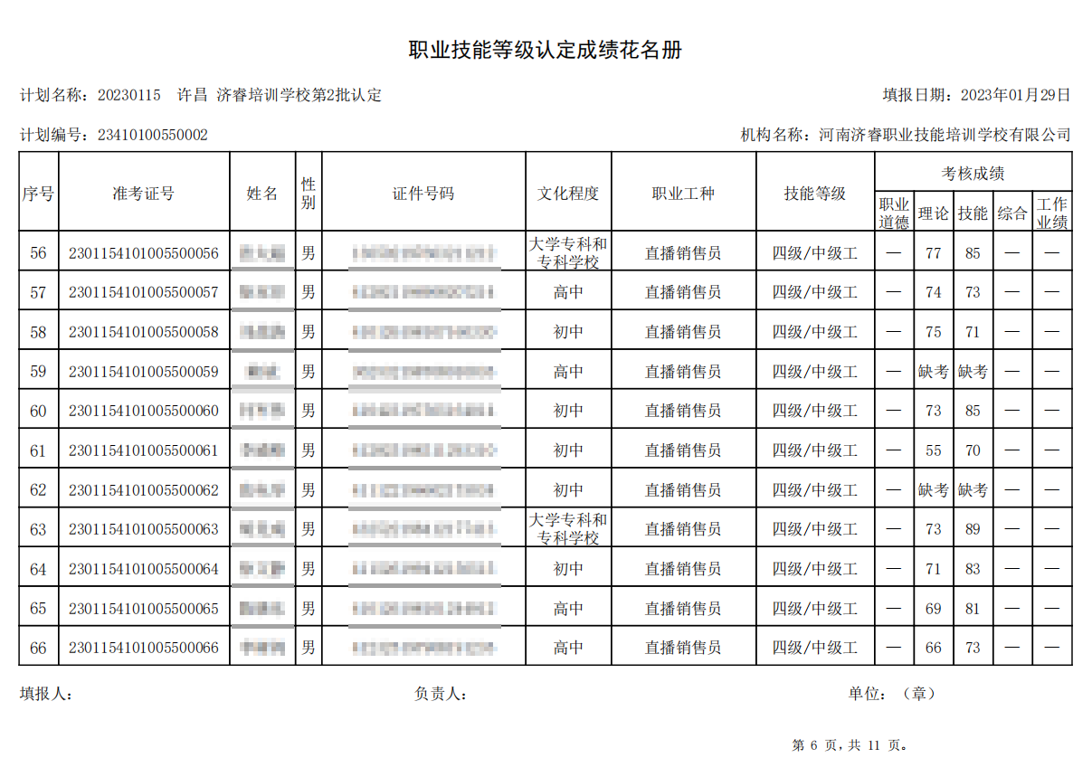 济睿职业技能培训学校-第2批职业技能等级认定考试成绩公示